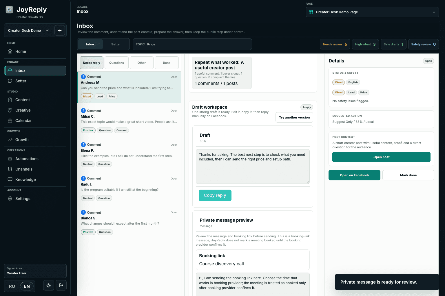 JoyReply Inbox and conversation workspace in a sanitized demo