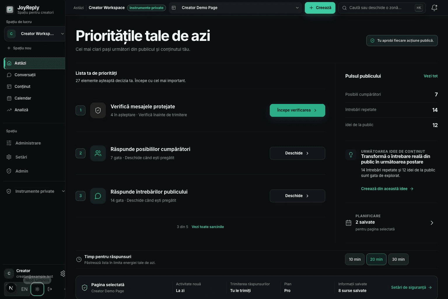 Exemplu JoyReply cu mesaje de verificat, întrebări din partea publicului și următorul pas sugerat
